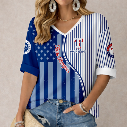 ELITE EDITION - NEW CUSTOMIZED MLB08 TRS TEXAS RANGERS WOMEN'S HEART V-NECK LONG SLEEVE SHIRT