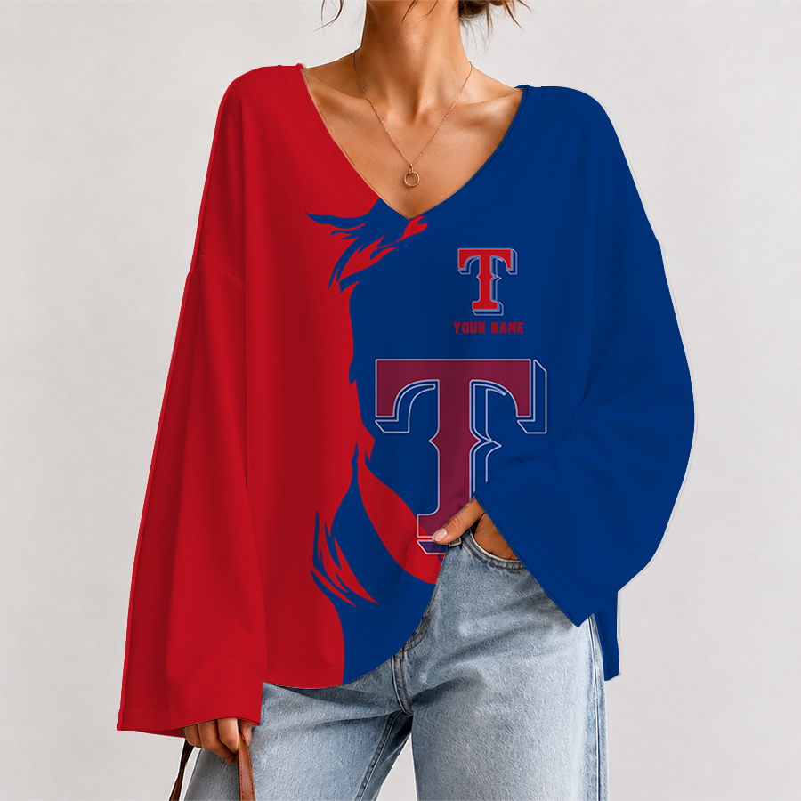 [FLASH SALE] NEW CUSTOMIZED MLB08 TRS TEXAS RANGERS V-NECK LONG SLEEVED CROP TOP