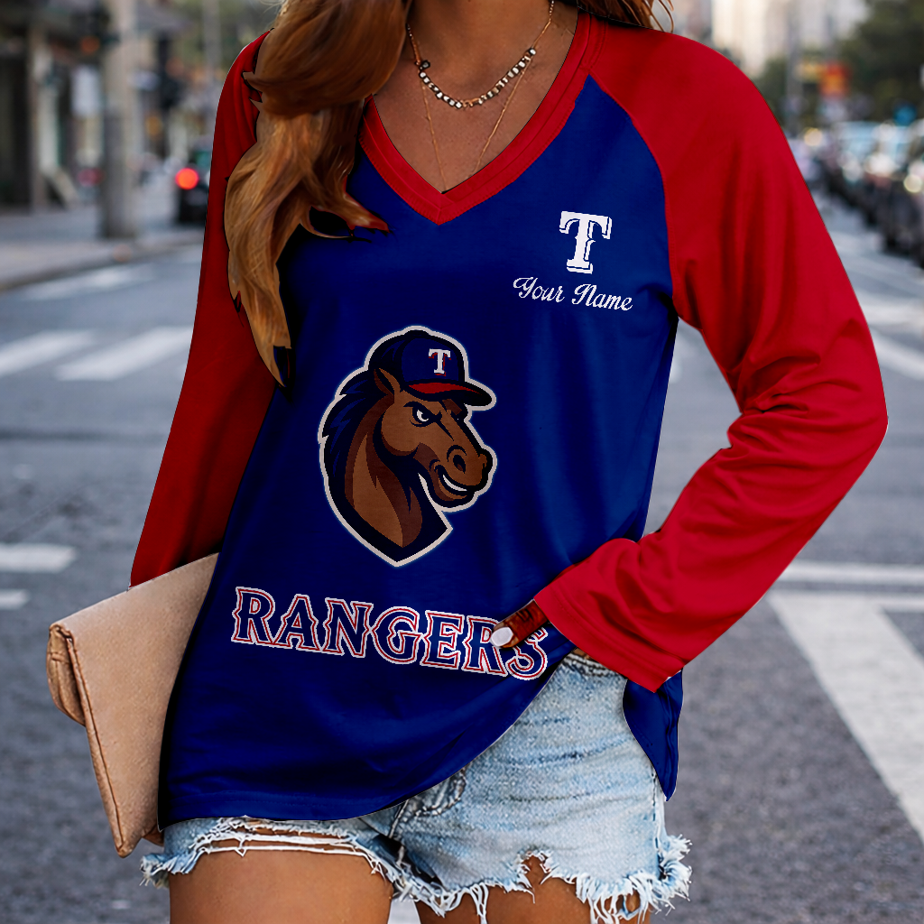 LIMITED EDITION - NEW CUSTOMIZED MLB08 TRS TEXAS RANGERS WOMEN'S V-NECK LONG SLEEVED SHIRT