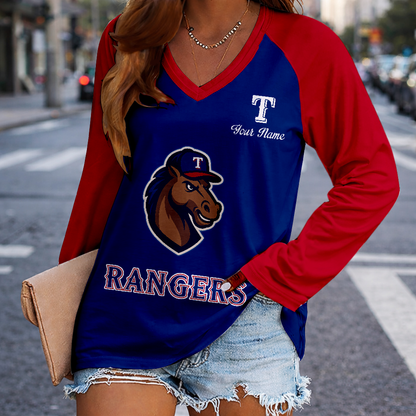 LIMITED EDITION - NEW CUSTOMIZED MLB08 TRS TEXAS RANGERS WOMEN'S V-NECK LONG SLEEVED SHIRT