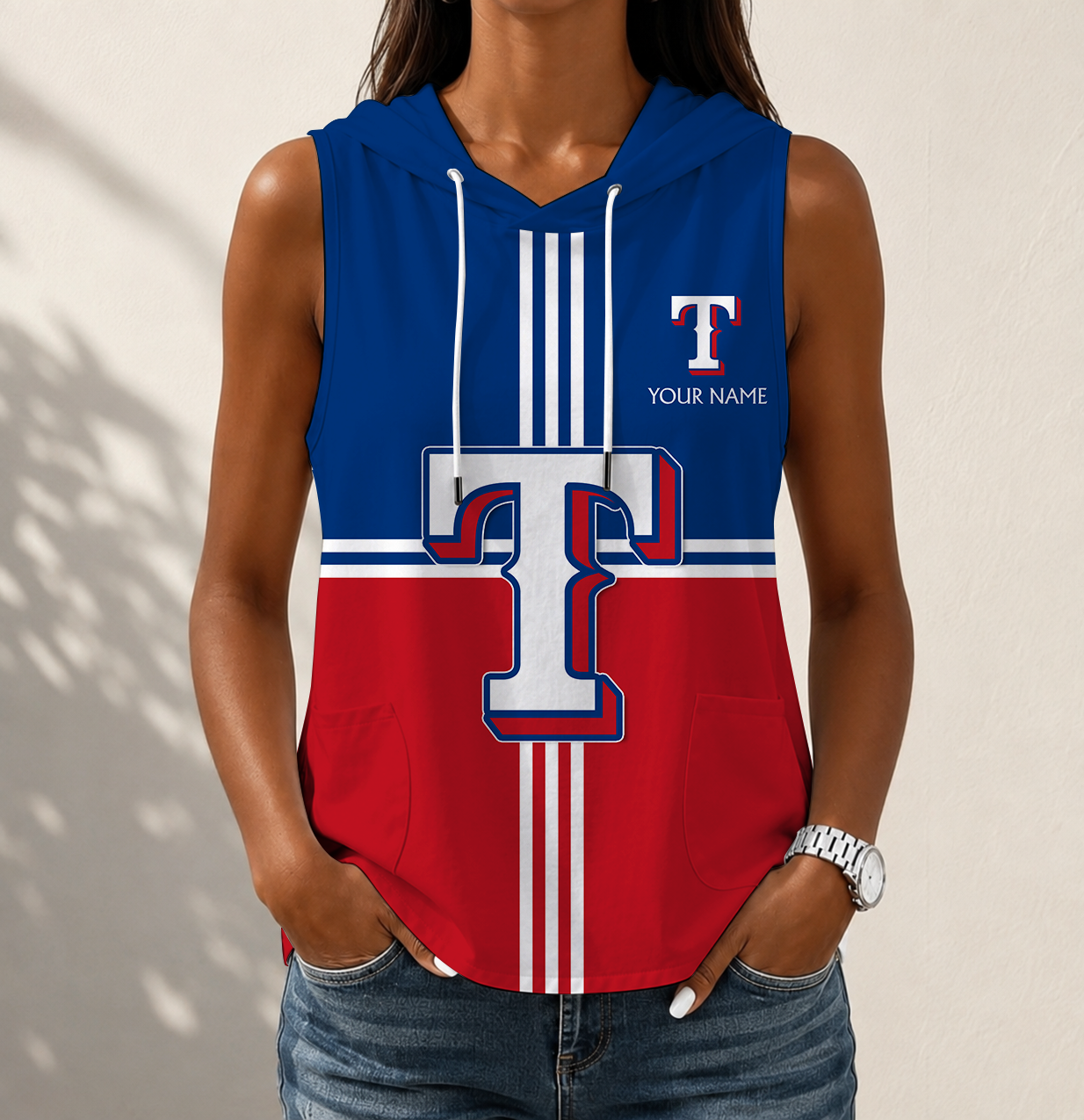 LIMITED EDITION - NEW CUSTOMIZED MLB08 TRS TEXAS RANGERS WOMEN'S SLEEVELESS HOODED POCKET TANK TOP