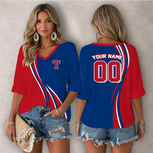 LIMITED EDITION - NEW CUSTOMIZED MLB08 TRS TEXAS RANGERS WOMEN'S HEART V-NECK LONG SLEEVE SHIRT