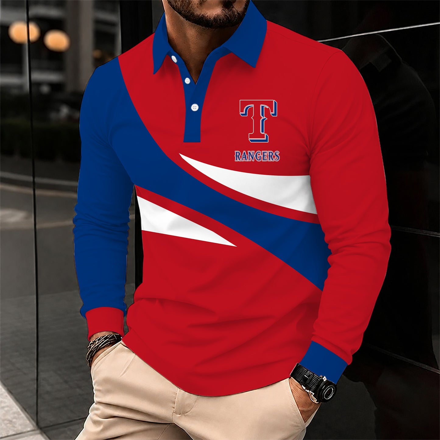 [FLASH SALE] NEW CUSTOMIZED MLB08 TRS TEXAS RANGERS MEN'S LONG SLEEVE POLO