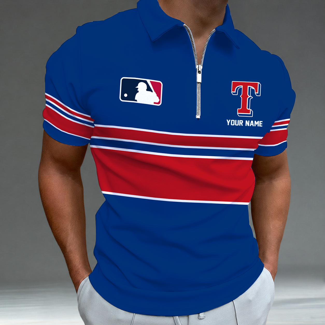 [FLASH SALE] NEW CUSTOMIZED MLB08 TRS TEXAS RANGERS ZIP POLO SHIRT