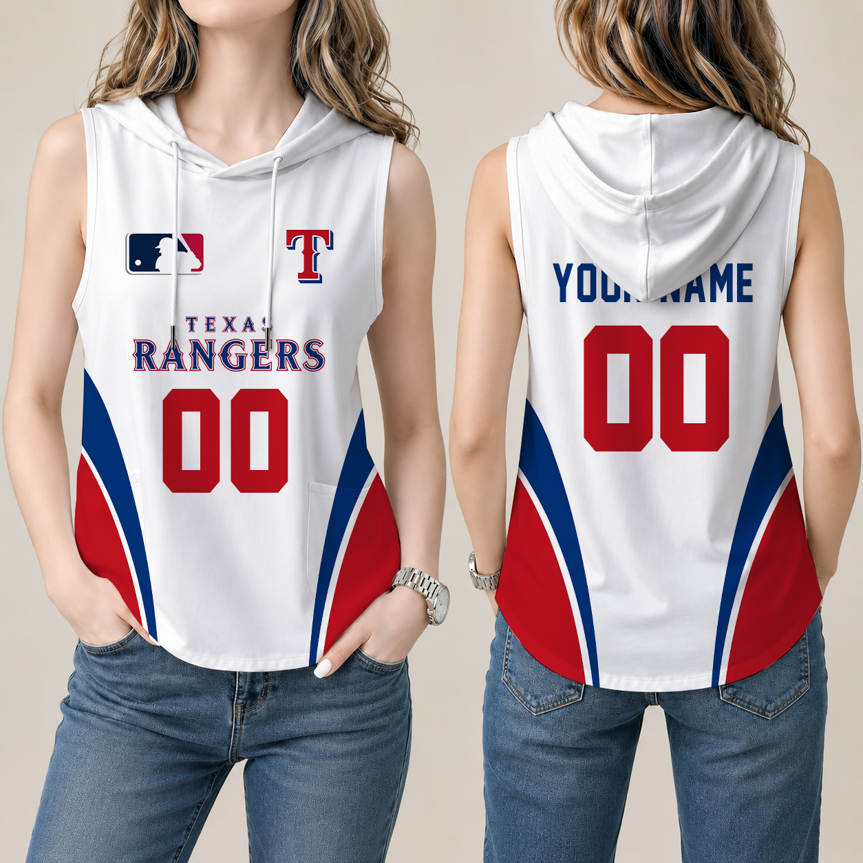 [FLASH SALE] NEW CUSTOMIZED MLB08 TRS TEXAS RANGERS WOMEN'S SLEEVELESS HOODED POCKET TANK TOP