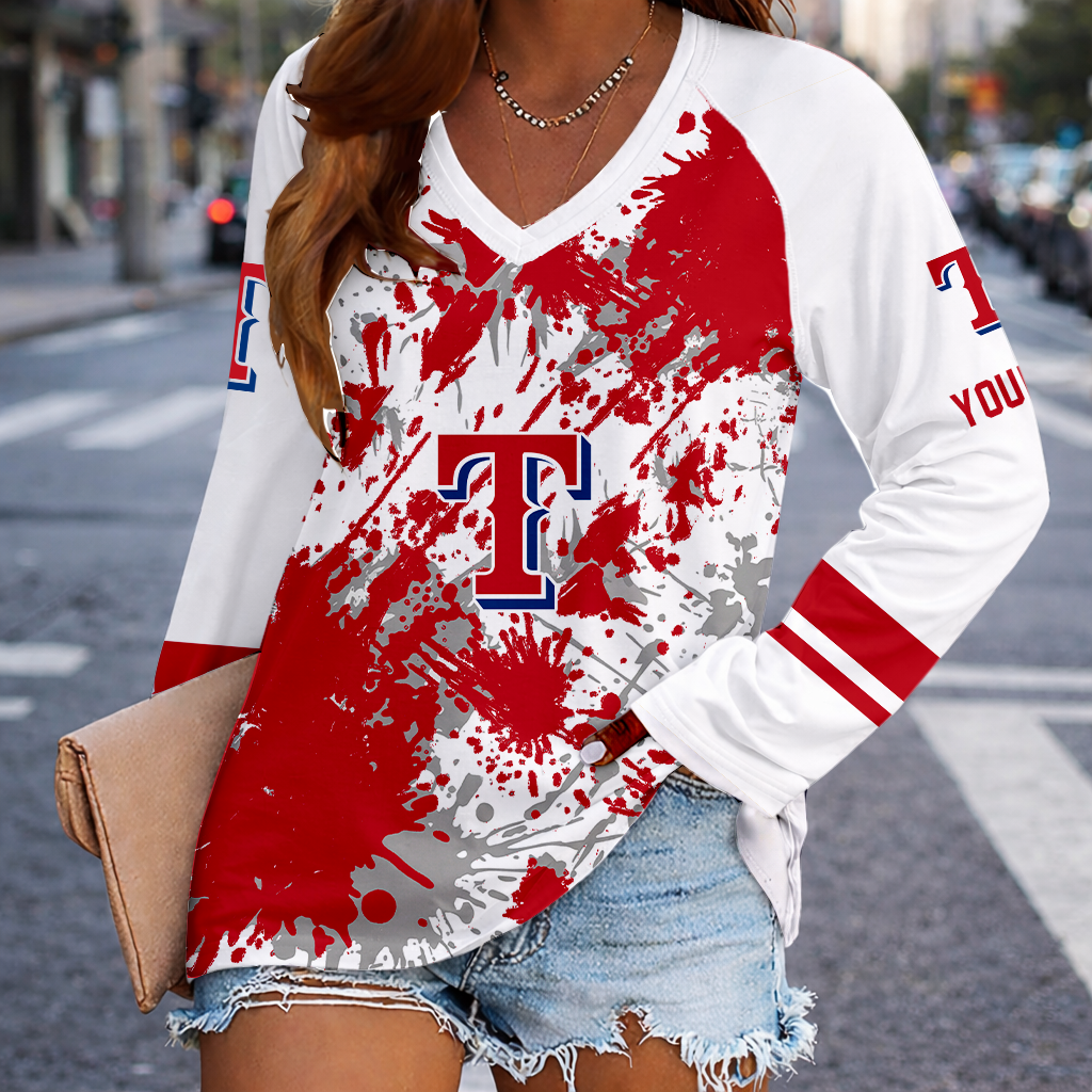 [FLASH SALE] NEW CUSTOMIZED MLB08 TRS TEXAS RANGERS WOMEN'S V-NECK LONG SLEEVED SHIRT