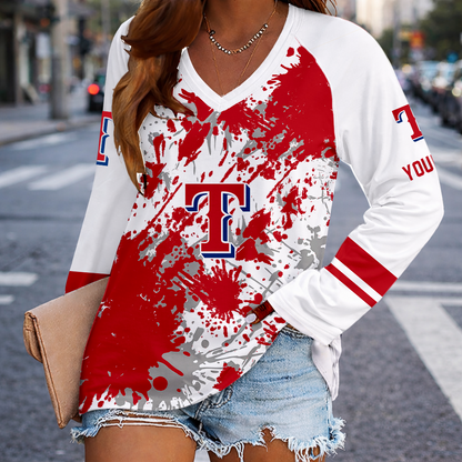 [FLASH SALE] NEW CUSTOMIZED MLB08 TRS TEXAS RANGERS WOMEN'S V-NECK LONG SLEEVED SHIRT