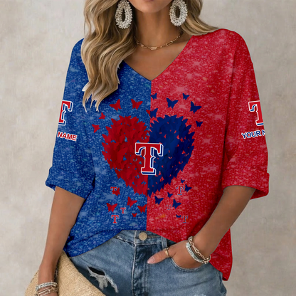 LIMITED EDITION - NEW CUSTOMIZED MLB08 TRS TEXAS RANGERS WOMEN'S HEART V-NECK LONG SLEEVE SHIRT