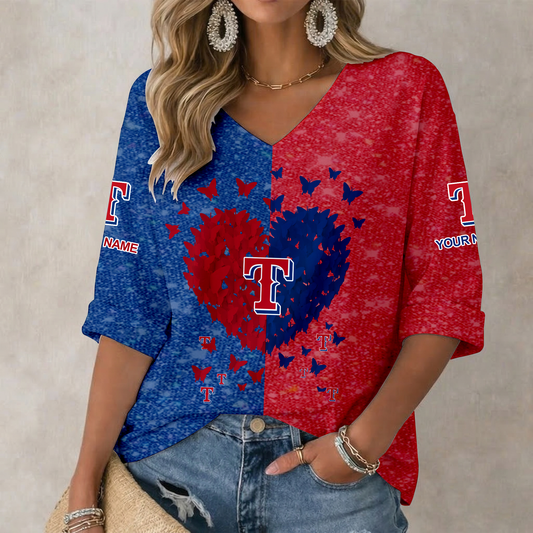 LIMITED EDITION - NEW CUSTOMIZED MLB08 TRS TEXAS RANGERS WOMEN'S HEART V-NECK LONG SLEEVE SHIRT