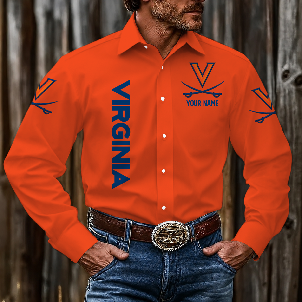 EXCLUSIVE EDITION - NEW CUSTOMIZED NCAA CFH08 VIC VIRGINIA CAVALIERS MEN'S LONG SLEEVE BUTTON-UP SHIRT