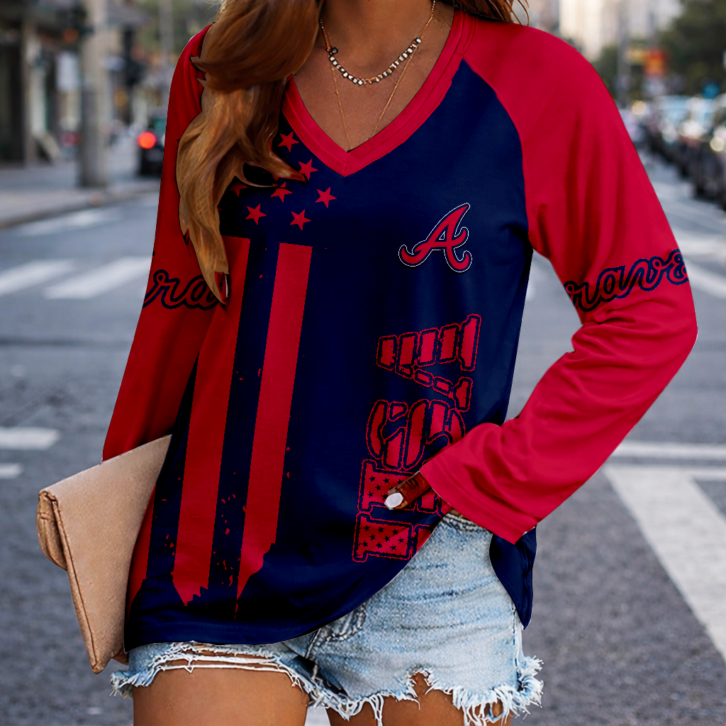 LIMITED EDITION - NEW CUSTOMIZED MLB09 ABS ATLANTA BRAVES WOMEN'S V-NECK LONG SLEEVED SHIRT