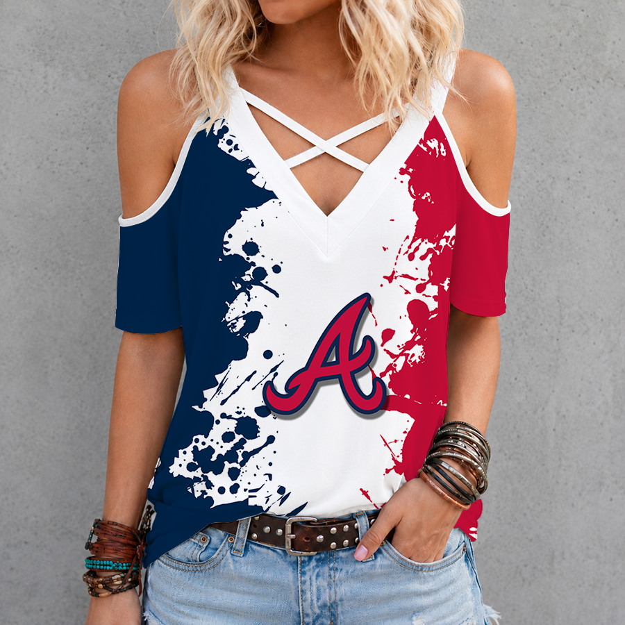 [FLASH SALE] NEW CUSTOMIZED MLB09 ABS ATLANTA BRAVES CRISS CROSS V-NECK TOP