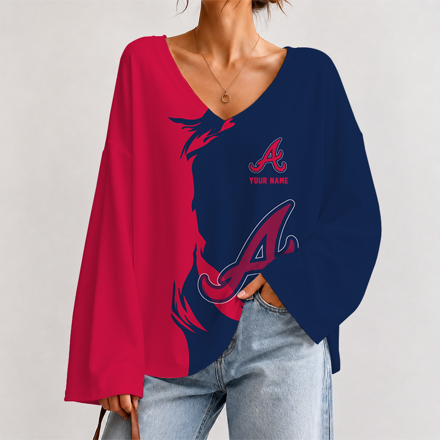 [FLASH SALE] NEW CUSTOMIZED MLB09 ABS ATLANTA BRAVES V-NECK LONG SLEEVED CROP TOP