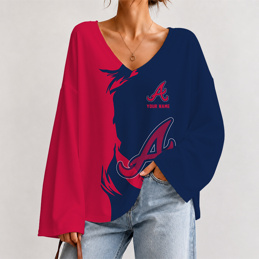 [FLASH SALE] NEW CUSTOMIZED MLB09 ABS ATLANTA BRAVES V-NECK LONG SLEEVED CROP TOP