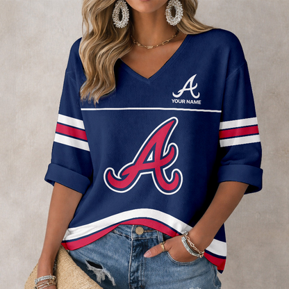 LIMITED EDITION - NEW CUSTOMIZED MLB09 ABS ATLANTA BRAVES WOMEN'S HEART V-NECK LONG SLEEVE SHIRT