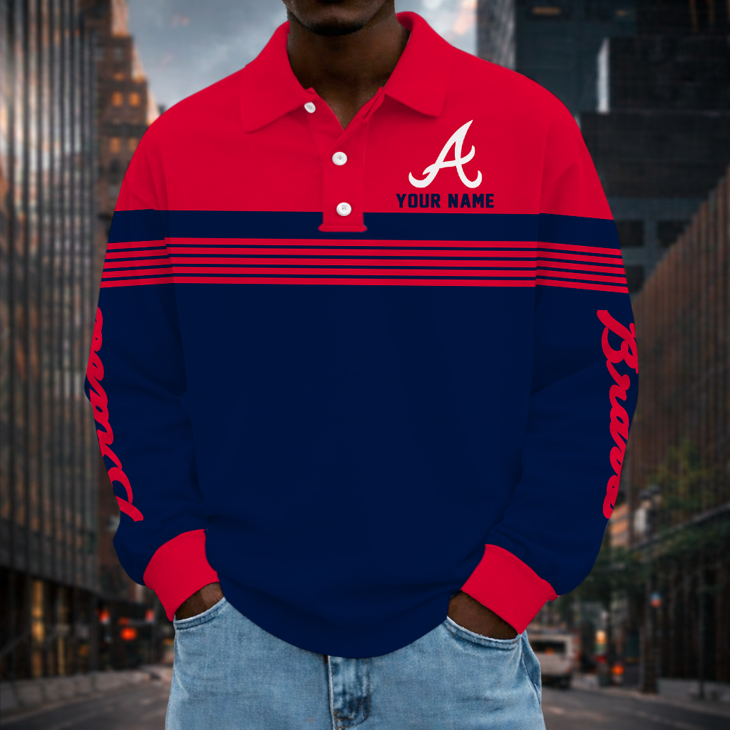 SPECIAL EDITION - NEW CUSTOMIZED MLB09 ABS ATLANTA BRAVES MEN'S LONG SLEEVE POLO