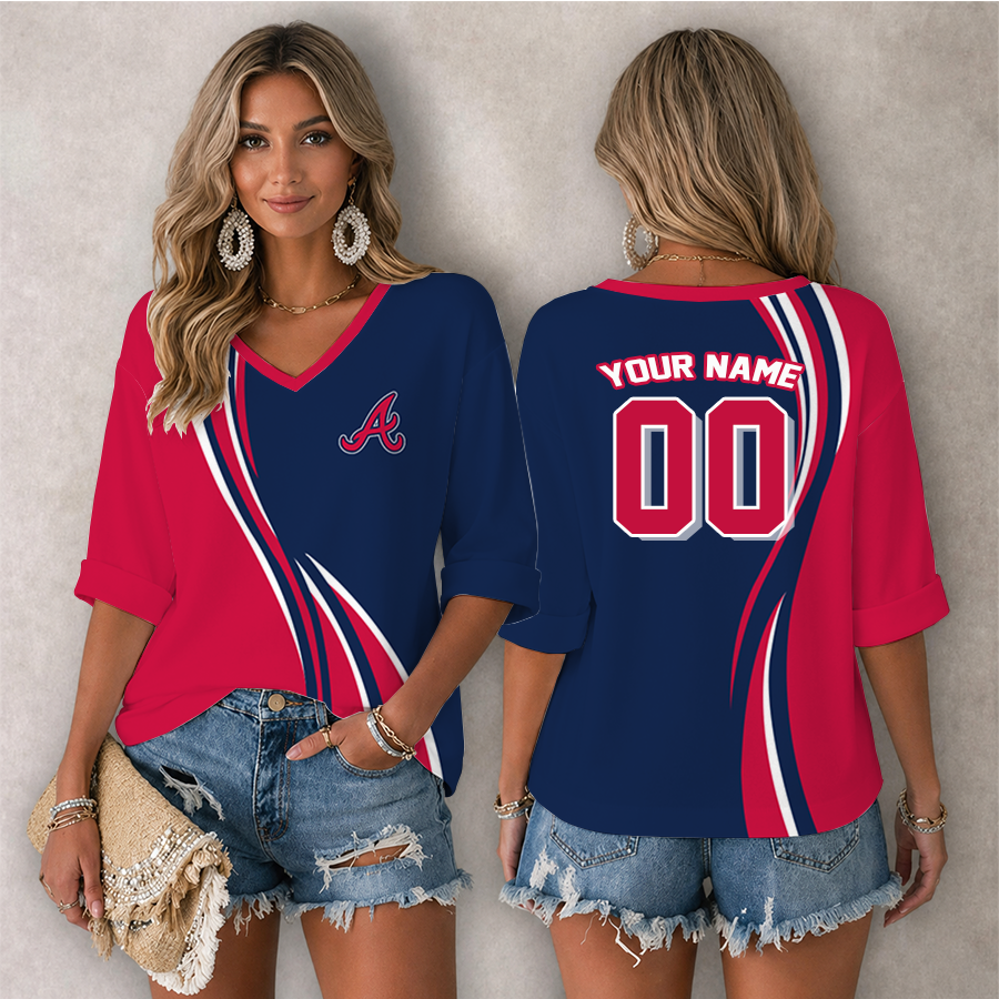 LIMITED EDITION - NEW CUSTOMIZED MLB09 ABS ATLANTA BRAVES WOMEN'S HEART V-NECK LONG SLEEVE SHIRT