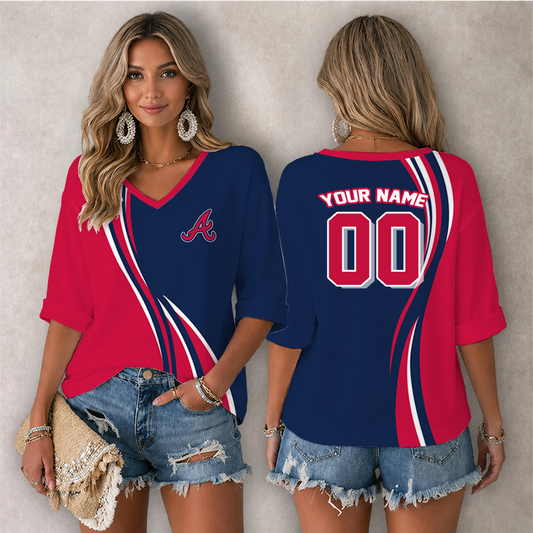 LIMITED EDITION - NEW CUSTOMIZED MLB09 ABS ATLANTA BRAVES WOMEN'S HEART V-NECK LONG SLEEVE SHIRT