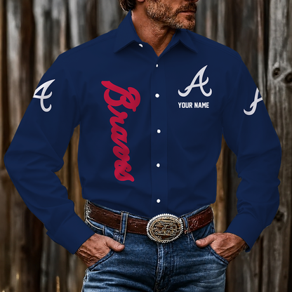 LIMITED EDITION - NEW CUSTOMIZED MLB09 ABS ATLANTA BRAVES MEN'S LONG SLEEVE BUTTON-UP SHIRT