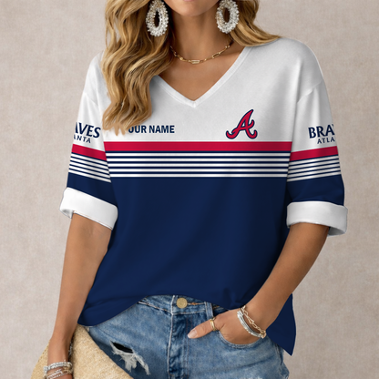 LIMITED EDITION - NEW CUSTOMIZED MLB09 ABS ATLANTA BRAVES WOMEN'S HEART V-NECK LONG SLEEVE SHIRT