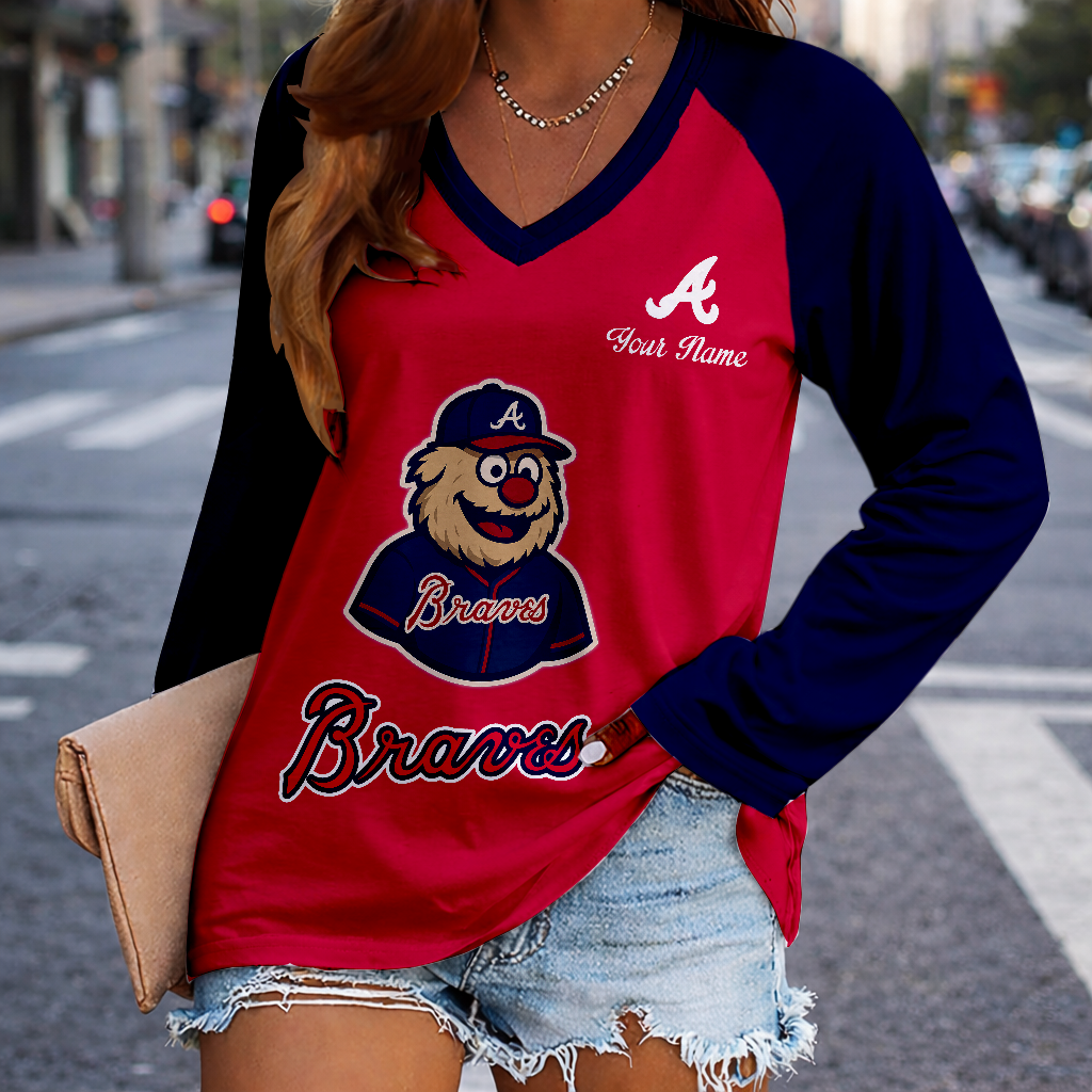 LIMITED EDITION - NEW CUSTOMIZED MLB09 ABS ATLANTA BRAVES WOMEN'S V-NECK LONG SLEEVED SHIRT