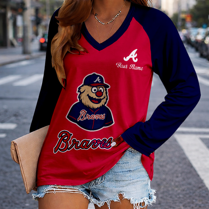 LIMITED EDITION - NEW CUSTOMIZED MLB09 ABS ATLANTA BRAVES WOMEN'S V-NECK LONG SLEEVED SHIRT