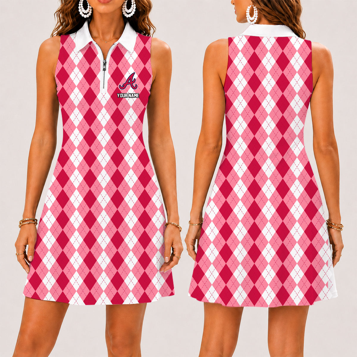 [FLASH SALE] NEW CUSTOMIZED MLB09 ABS ATLANTA BRAVES WOMEN'S ZIP SLEEVELESS POLO DRESS