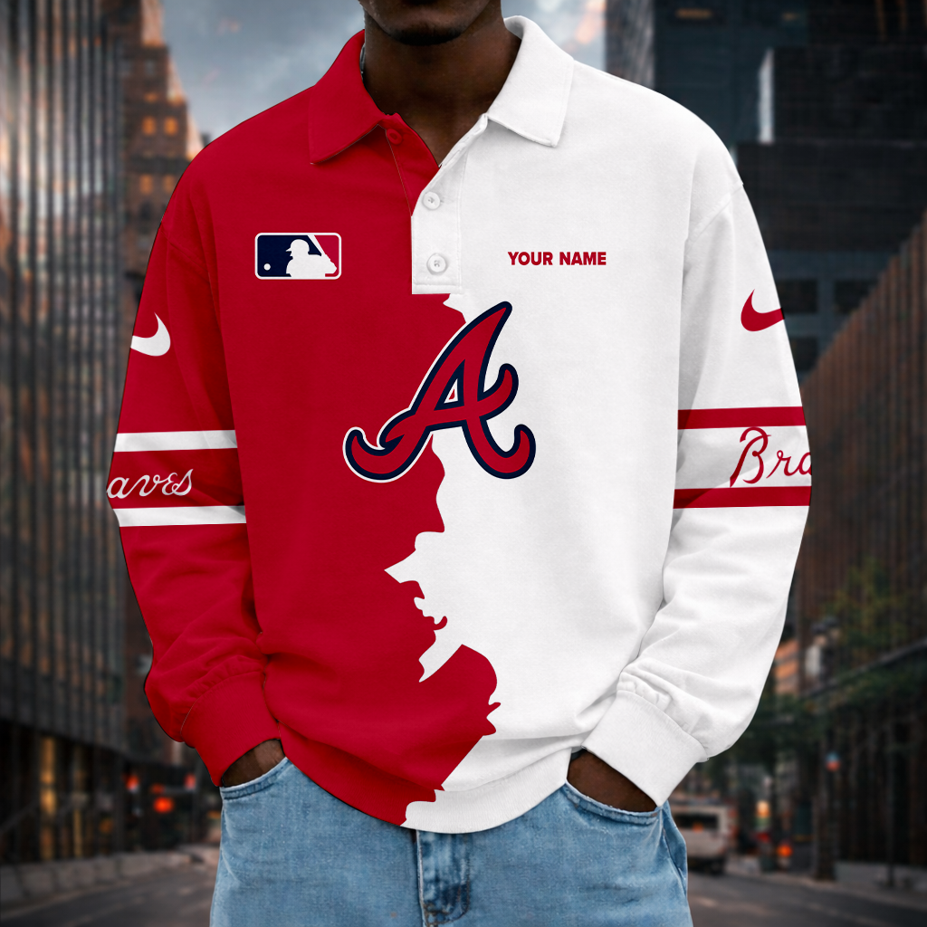 LIMITED EDITION - NEW CUSTOMIZED MLB09 ABS ATLANTA BRAVES MEN LONG SLEEVE POLO