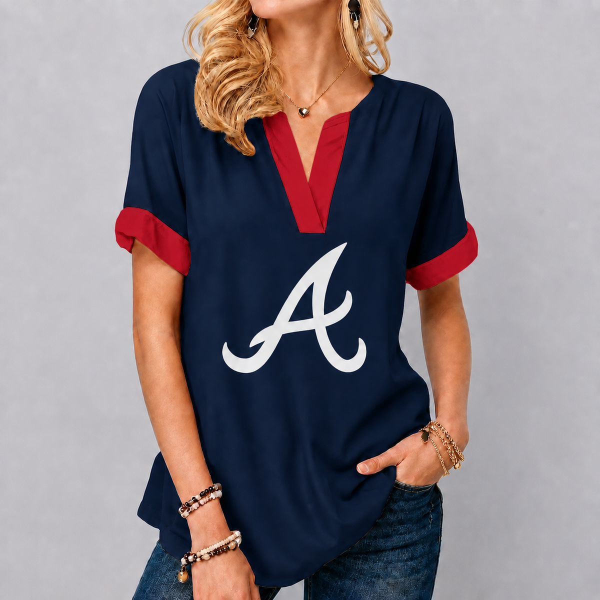 LIMITED EDITION - NEW CUSTOMIZED MLB09 ABS ATLANTA BRAVES V-NECK FEMALE SHIRT