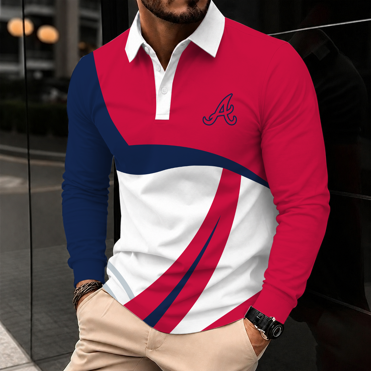 [FLASH SALE] NEW CUSTOMIZED MLB09 ABS ATLANTA BRAVES MEN'S LONG SLEEVE POLO