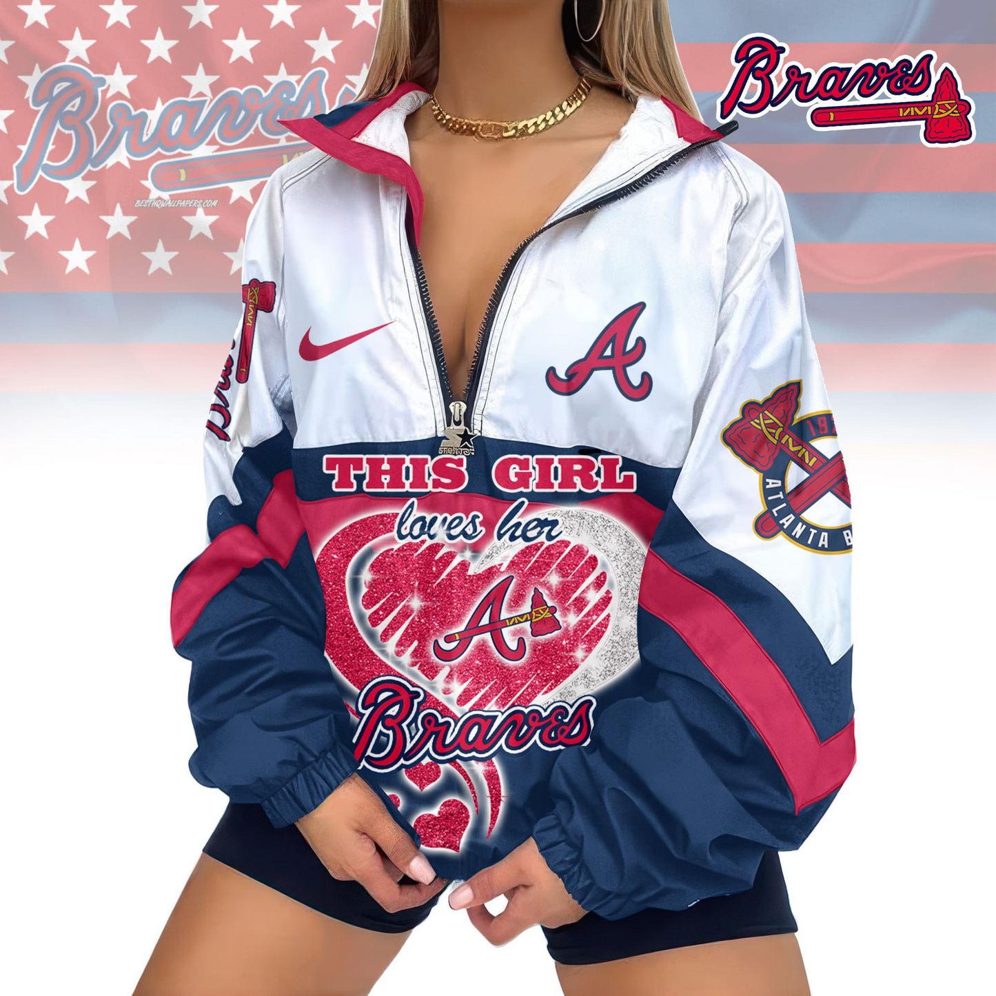 LIMITED EDITION - NEW CUSTOMIZED MLB09 ABS ATLANTA BRAVES V-NECK ZIPPER SWEATSHIRT JACKET