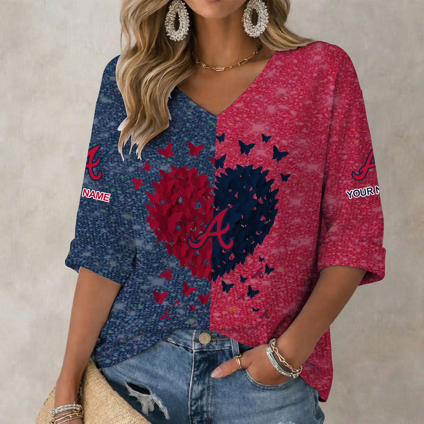 LIMITED EDITION - NEW CUSTOMIZED MLB09 ABS ATLANTA BRAVES WOMEN'S HEART V-NECK LONG SLEEVE SHIRT