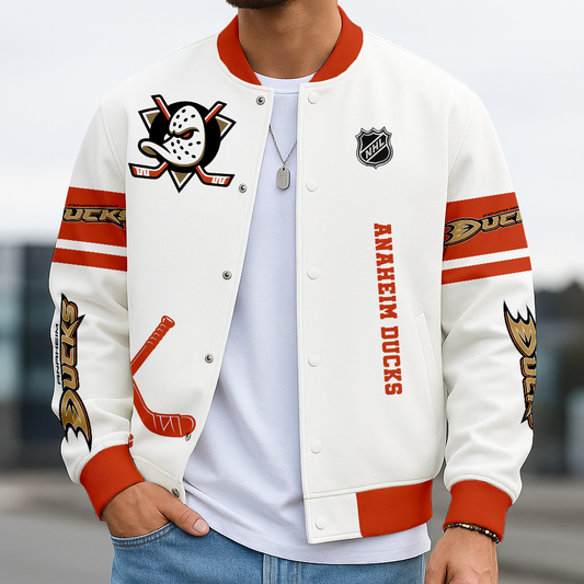 LIMITED EDITION - NEW CUSTOMIZED NHL09 AHD ANAHEIM DUCKS BASEBALL JACKET, SATIN VARSITY JACKET