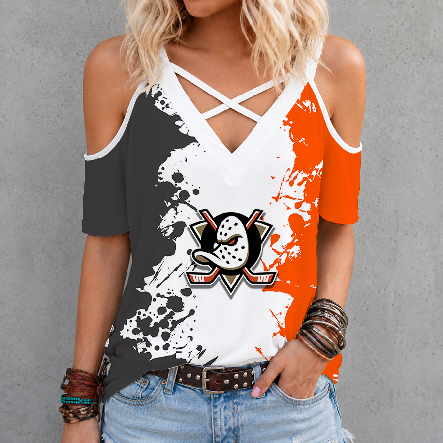 [SUPER SALE] NEW CUSTOMIZED NHL09 AHD ANAHEIM DUCKS CRISS CROSS V-NECK TOP