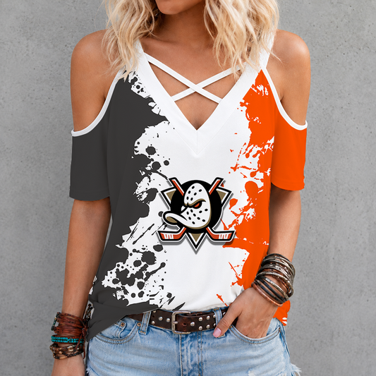 [SUPER SALE] NEW CUSTOMIZED NHL09 AHD ANAHEIM DUCKS CRISS CROSS V-NECK TOP
