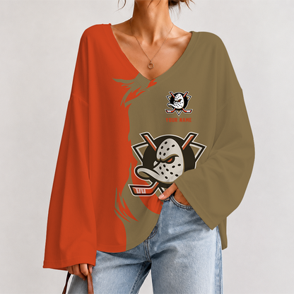 [SUPER SALE] NEW CUSTOMIZED NHL09 AHD ANAHEIM DUCKS V-NECK LONG SLEEVED CROP TOP