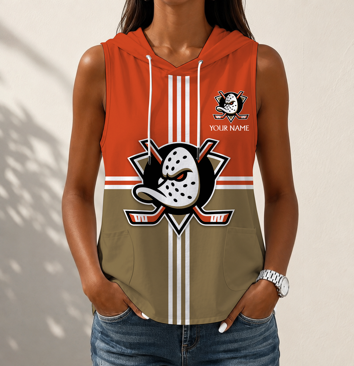 VIRAL EDITION - NEW CUSTOMIZED NHL09 AHD ANAHEIM DUCKS WOMEN'S SLEEVELESS HOODED POCKET TANK TOP