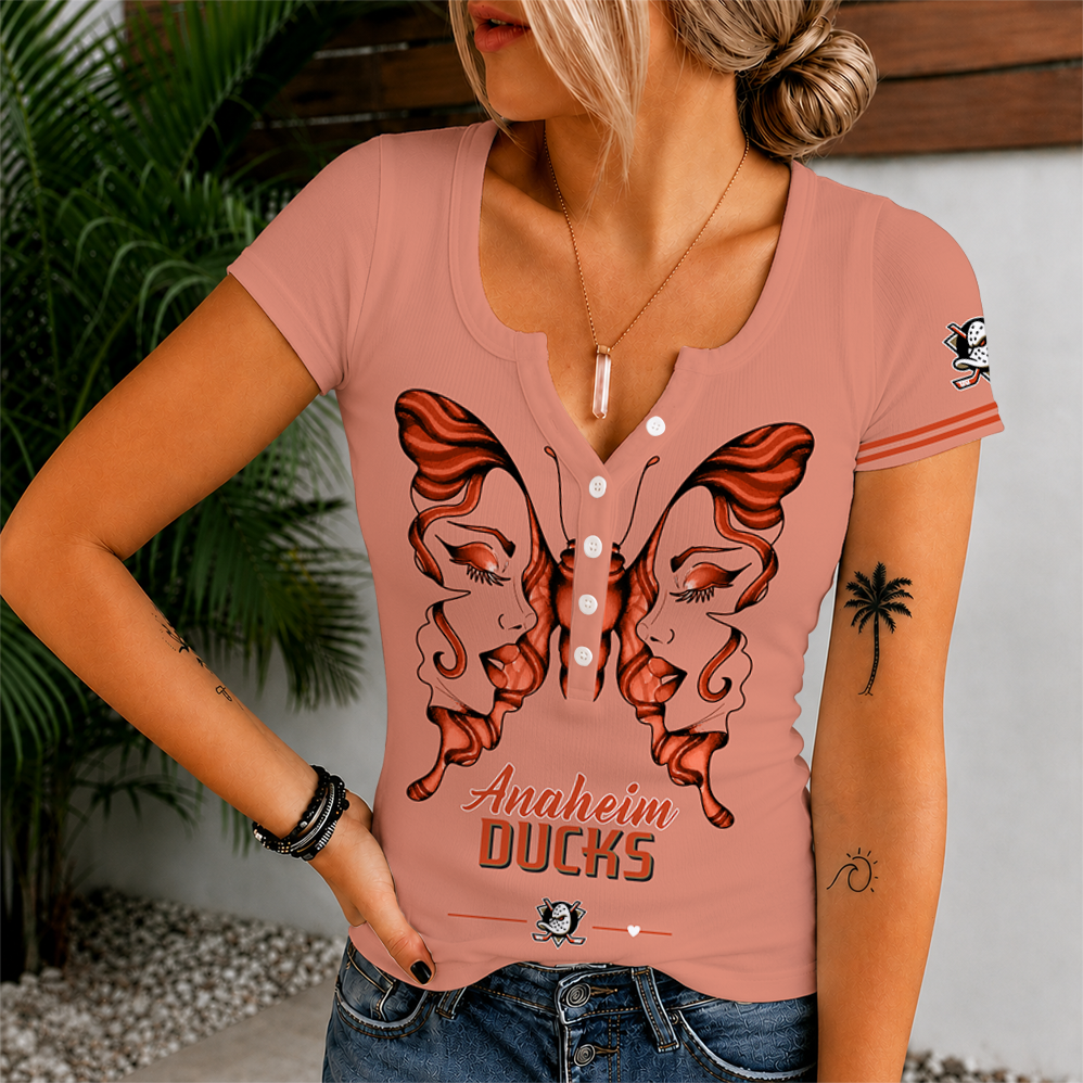 [SUPER SALE] NEW CUSTOMIZED NHL09 AHD ANAHEIM DUCKS WOMEN'S SHORT SLEEVE HENLEY T-SHIRT