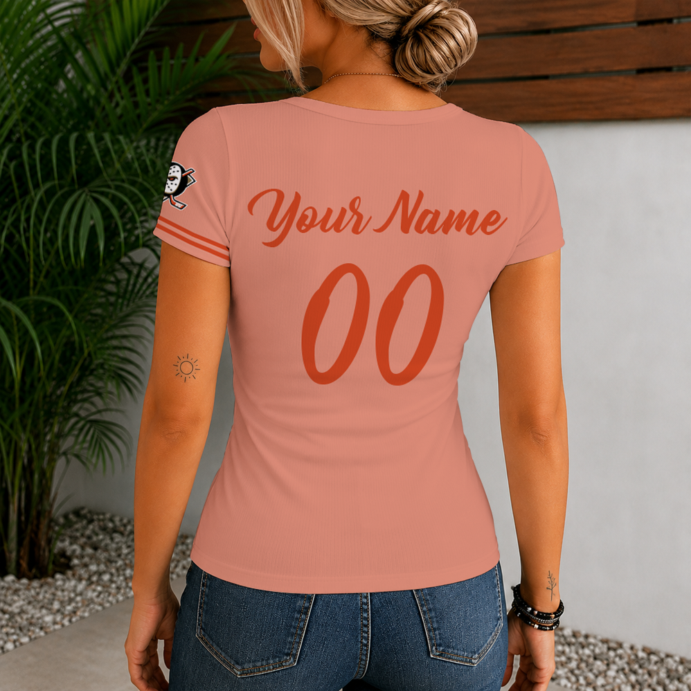 [SUPER SALE] NEW CUSTOMIZED NHL09 AHD ANAHEIM DUCKS WOMEN'S SHORT SLEEVE HENLEY T-SHIRT