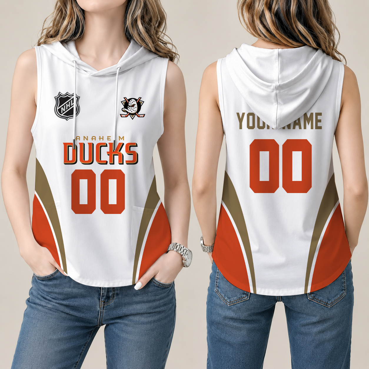 [SUPER SALE] NEW CUSTOMIZED NHL09 AHD ANAHEIM DUCKS WOMEN'S SLEEVELESS HOODED POCKET TANK TOP