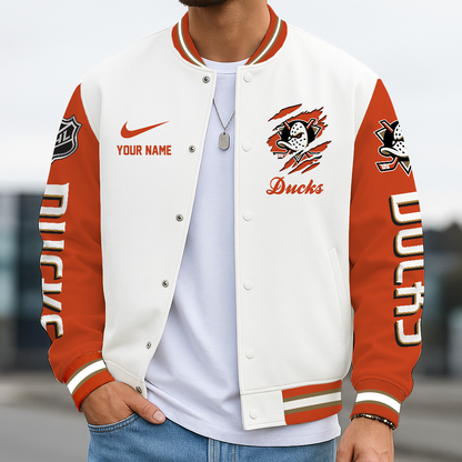 LIMITED EDITION - NEW CUSTOMIZED NHL09 AHD ANAHEIM DUCKS BASEBALL JACKET, SATIN VARSITY JACKET