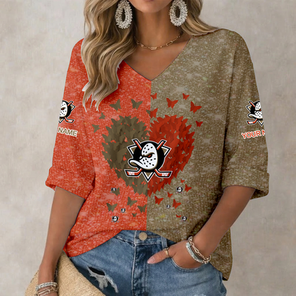 LIMITED EDITION - NEW CUSTOMIZED NHL09 AHD ANAHEIM DUCKS WOMEN'S HEART V-NECK LONG SLEEVE SHIRT