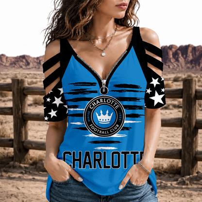 [FAN EXCLUSIVE] NEW CUSTOMIZED MLS09 CLF CHARLOTTE FC STRAPPY COLD-SHOULDER TOP
