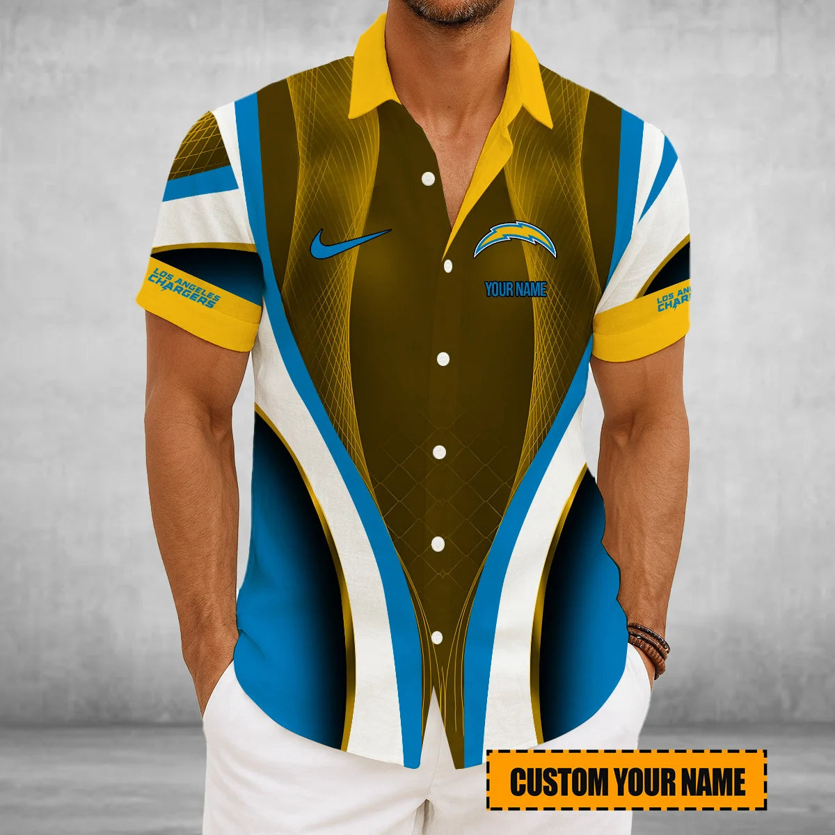 LIMITED EDITION - NEW CUSTOMIZED NFL09 LAC LOS ANGELES CHARGERS SHORT SLEEVE BUTTON-UP SHIRT