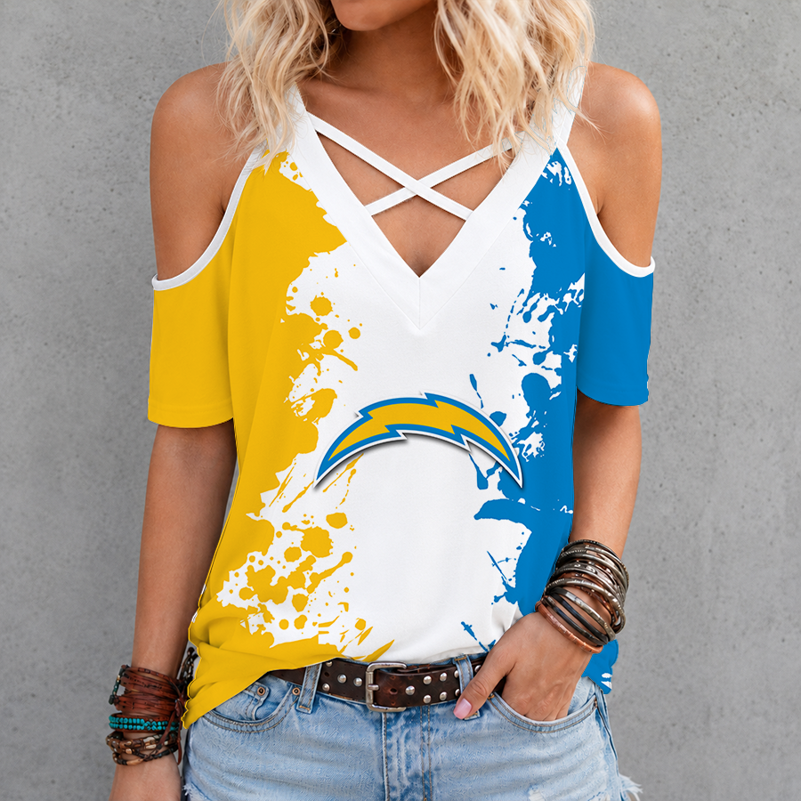 [SPECIAL OFFER] NEW CUSTOMIZED NFL09 LAC LOS ANGELES CHARGERS CRISS CROSS V-NECK TOP