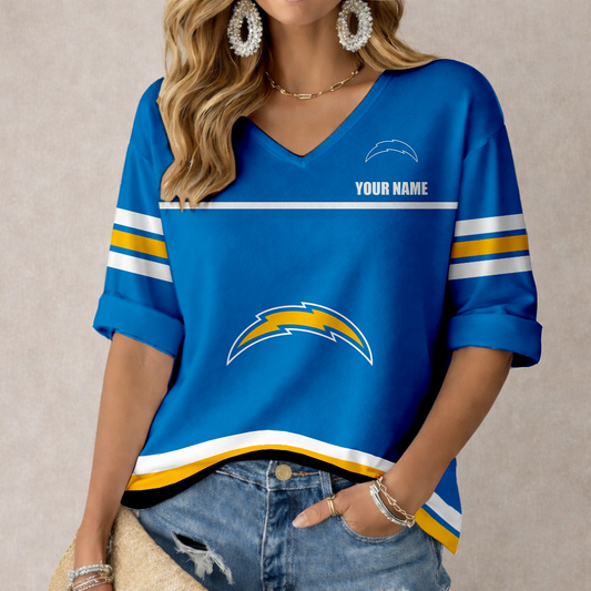 LIMITED EDITION - NEW CUSTOMIZED NFL09 LAC LOS ANGELES CHARGERS WOMEN'S V-NECK MID-SLEEVE SHIRT