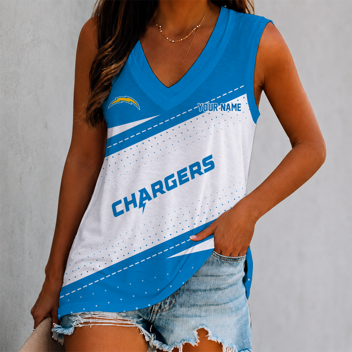 LIMITED EDITION - NEW CUSTOMIZED NFL09 LAC LOS ANGELES CHARGERS WOMEN'S V-NECK TANK TOP