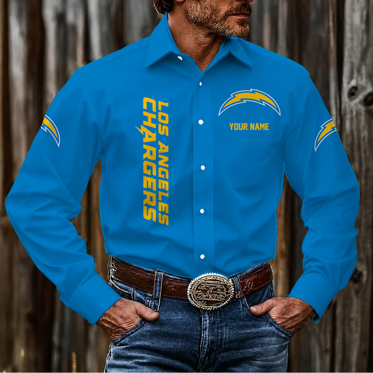 LIMITED EDITION - NEW CUSTOMIZED NFL09 LAC LOS ANGELES CHARGERS MEN'S LONG SLEEVE BUTTON-UP SHIRT