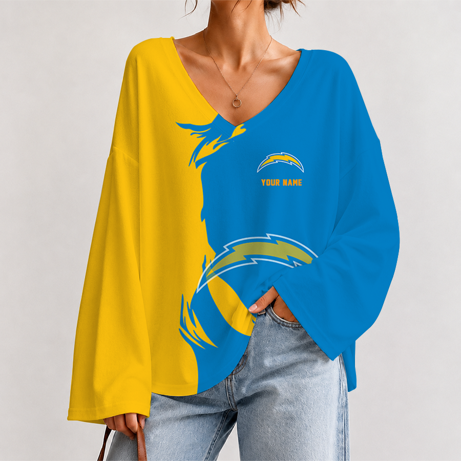 [SPECIAL OFFER] NEW CUSTOMIZED NFL09 LAC LOS ANGELES CHARGERS V NECK LONG SLEEVED CROP TOP