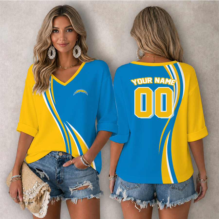 LIMITED EDITION - NEW CUSTOMIZED NFL09 LAC LOS ANGELES CHARGERS WOMEN'S HEART V-NECK LONG SLEEVE SHIRT